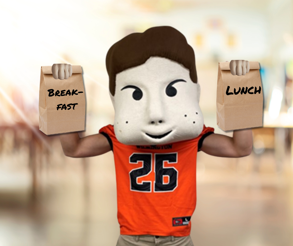Huffy holding a breakfast and a lunch bag